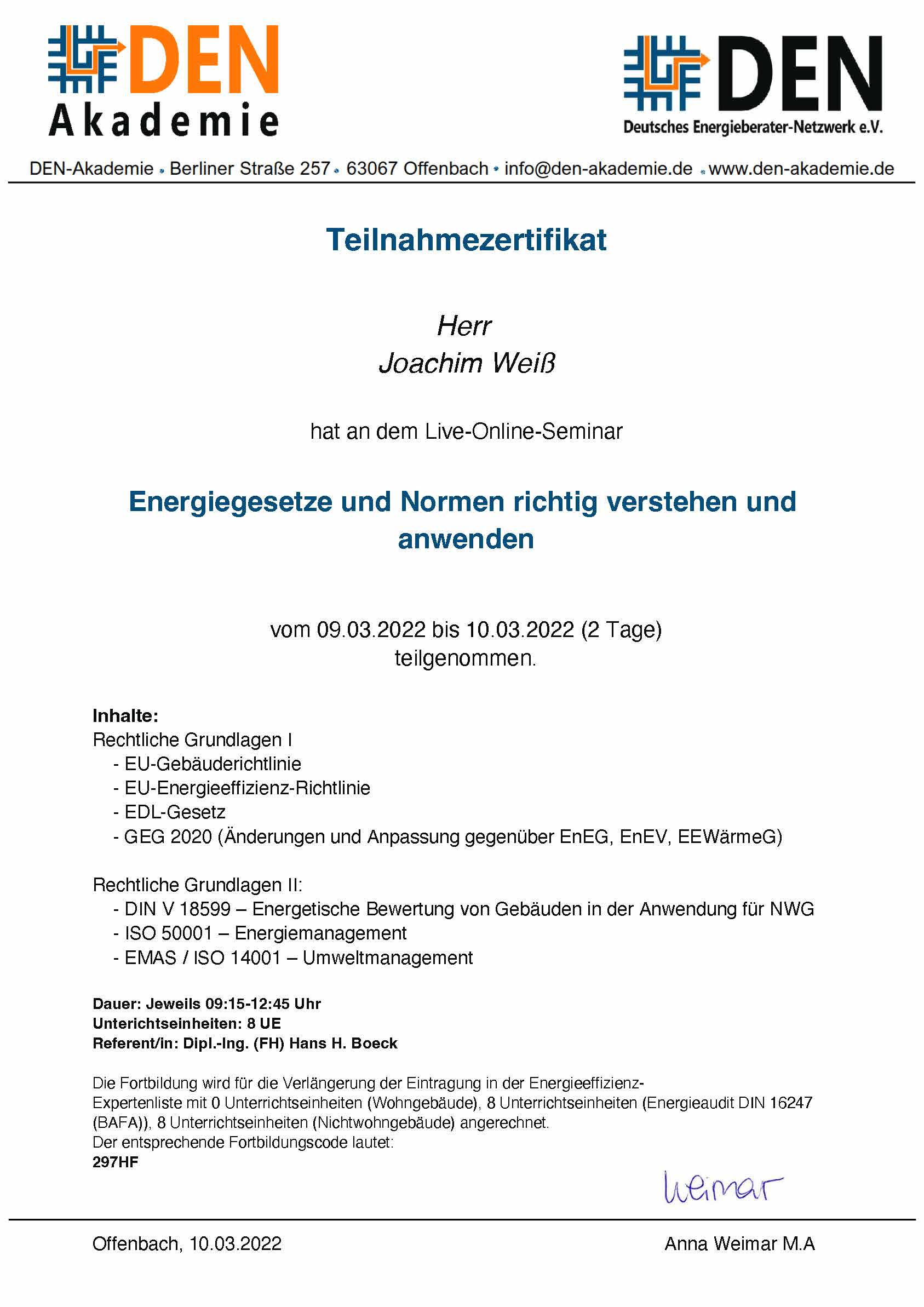 Energiegesetze und Normen Teilnahmebescheinigung